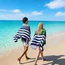 cabanana Large Beach Towel Oversized - Cotton Velour 35 x 70 Inch Blue Grey Striped Terry Pool Towel, Cabana Soft Swimming Towel for Adults Women Men (Navy Grey)