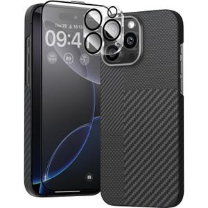 JUESHITUO 3 in 1 for iPhone 16 Pro Case, Ultra Slim & Light [600D&1500D Aramid Fiber Made] [Fit for MagSafe] Minimalist Carbon Fiber Textures-Less Touch Feeling Thin Sturdy Magnetic Cover, Black