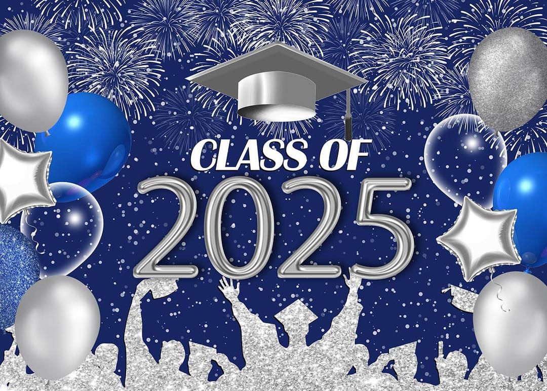 LYCGS 7x5ft Graduation Backdrop Navy Blue and Silver 2025 Graduation Party Backdrop for Class Celebration Prom Decor Banner X-52