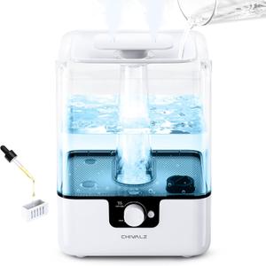 6L Humidifiers for Bedroom Large Room Home, CHIVALZ Cool Mist Top Fill Humidifiers for Baby Nursery and Plants, 26dB Quiet, Nightlight, Up to 50 Hours, Oil Diffuser 1 Pack + 2 Mist Outlets White