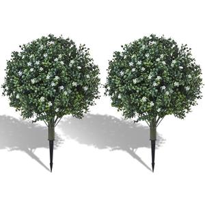 24" Artificial Boxwood Topiary Ball Bush with White Flowers, Set of 2 Artificial Shrub Bushes with Spike, Fake Evergreen Tree for Porch, Artificial Plants for Outdoor Planters Indoor UV Resistant