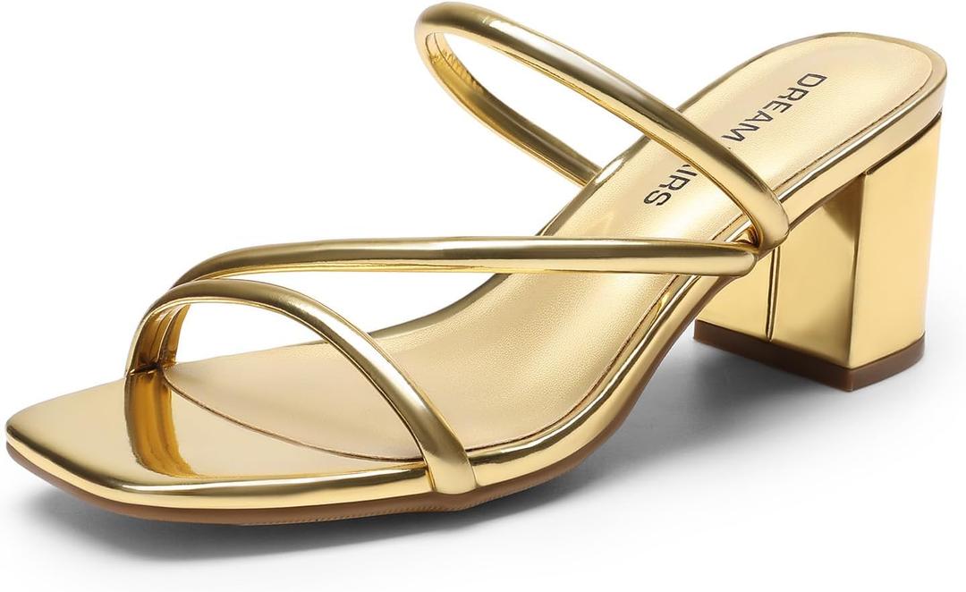 DREAM PAIRS Women's Strappy Heels Open Toe Low Chunky Heel Slip On Mules Square Block Sandals Dress Shoes (9.5, Gold)