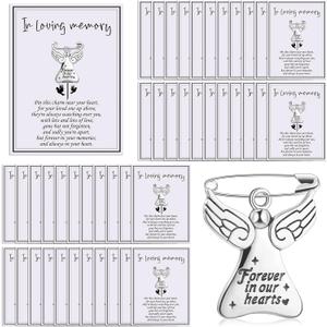 Inbagi 50 Set Funeral Memorial Pins Angel Charm Keepsakes Memorial Message Charms Pendant with Card in Loving Memory Cards with Safety Pins for Guests Mourning Brooch Sympathy Gifts