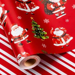 MAYPLUSS Red Christmas Wrapping Paper - 17 Inch X 33 Feet - Cute Santa Claus Christmas Tree Reversible Strip Gift Wrapping Paper, Metallic Foil Thick Gift Wrap Paper for Holiday Party New Year Kids