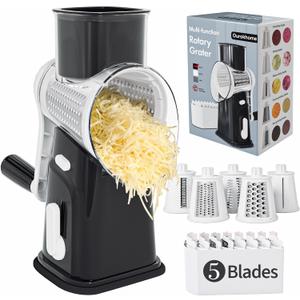Ourokhome Cheese Grater Hank Crank Cheese Shredder, Mandoline Vegetable Slicer with 5 Interchangeable Blades and Strong Suction Base for Fruit, Vegetables, Nuts Black
