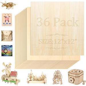 36 Pack Basswood Sheets,12"x12"x1/8" 3mm Basswood Plywood,Craft Wood,Unfinished Wood,for DIY Ornaments and Model Engraving, Wood Burning, Architectural Models, DrawingWood for Laser Cutting