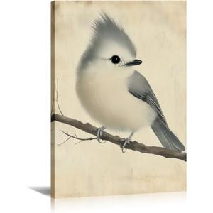 Bird Canvas Wall Art Vintage Prints Gray Bird Stood on Branch Pictures Sparrow Painting Wild Animal Art for Modern Home Living Room Bathroom Bedroom Decor Framed(Birds-8,16.00x24.00 inch)