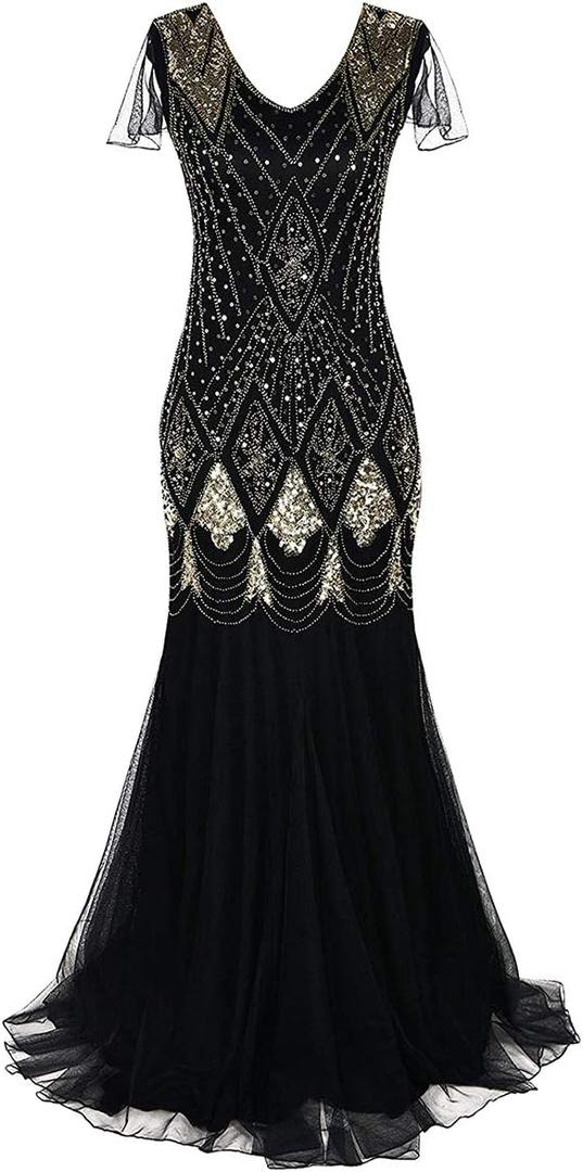 Women Vintage 1920s Gatsby Flapper Evening Party Dress V Neck Art Deco Sequins Mermaid Hem Cocktail Formal Long Maxi Gown (Large, Black + Gold)