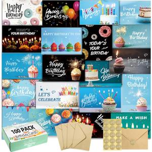 100 Happy Birthday Cards with Envelopes, 20 Unique Designs, Birthday Cards Bulk with Short Generic Message Inside, 4x6 inches, Assorted Birthday Cards Assortment for Business, Office and Personal