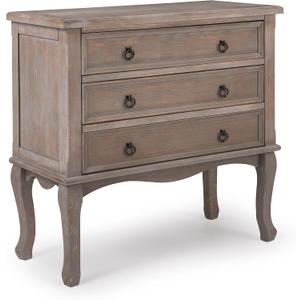 ClickDecor Thomas Antique Country Style Dresser Chest with 3 Drawers, Weathered Wood Nightstand Living Room Accent Furniture, Black Ring Handle, Curved Legs, Grey