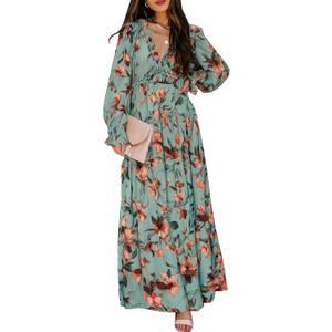 BLENCOT Womens Casual Boho Floral Printed V Neck Long Sleeve Long Maxi Dress Spring Summer Dresses (XL)