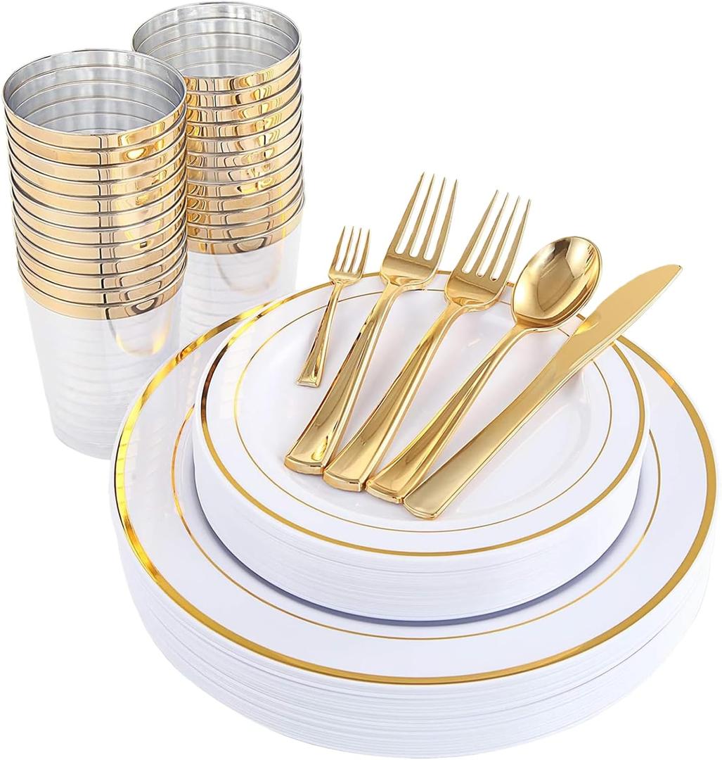 WDF 25Guest Gold Plastic Plates - Heavy Duty Plastic Plates Dinnerware - Include 25 Dinner Plate 25 Salad Plates 50 Forks 25 Knives 25 Spoons 25 Cups 25 Mini Forks for Wedding Birthday Valentines Day