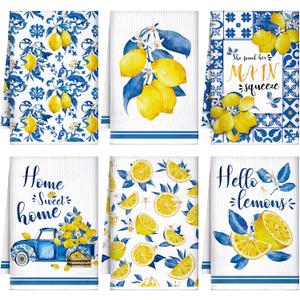 Sratte 6 Pcs Summer Lemon Kitchen Towels 24 x 16 Inch Italian Capri Tiles Lemon Dish Towels Absorbent Blue Yellow Hand Bathroom Towel Mediterranean Tea Towel for Kitchen Bath Amalfi Coast Party Decor