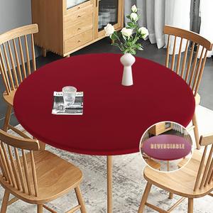 Obstal Fitted Round Red Table Cloth, Reversible Waterproof Stain Resistant Elastic Stretch Tablecloth, Wipe Clean Table Cover for Outdoor/Indoor Use, Fits Round Tables up to 48" - 56" Diameter