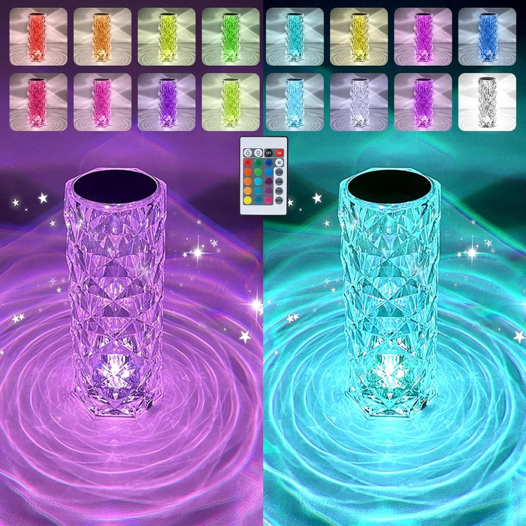 2 Pack Crystal Table Lamp, Remote and Touch Control Rose Wave Lamp, RGB Color Changing Night Light, Dimmable, USB Rechargeable Decoration Ambient Lighting for Dinner/Bars/Game Room/Living Room/Bedroom (RGB 2Pack)