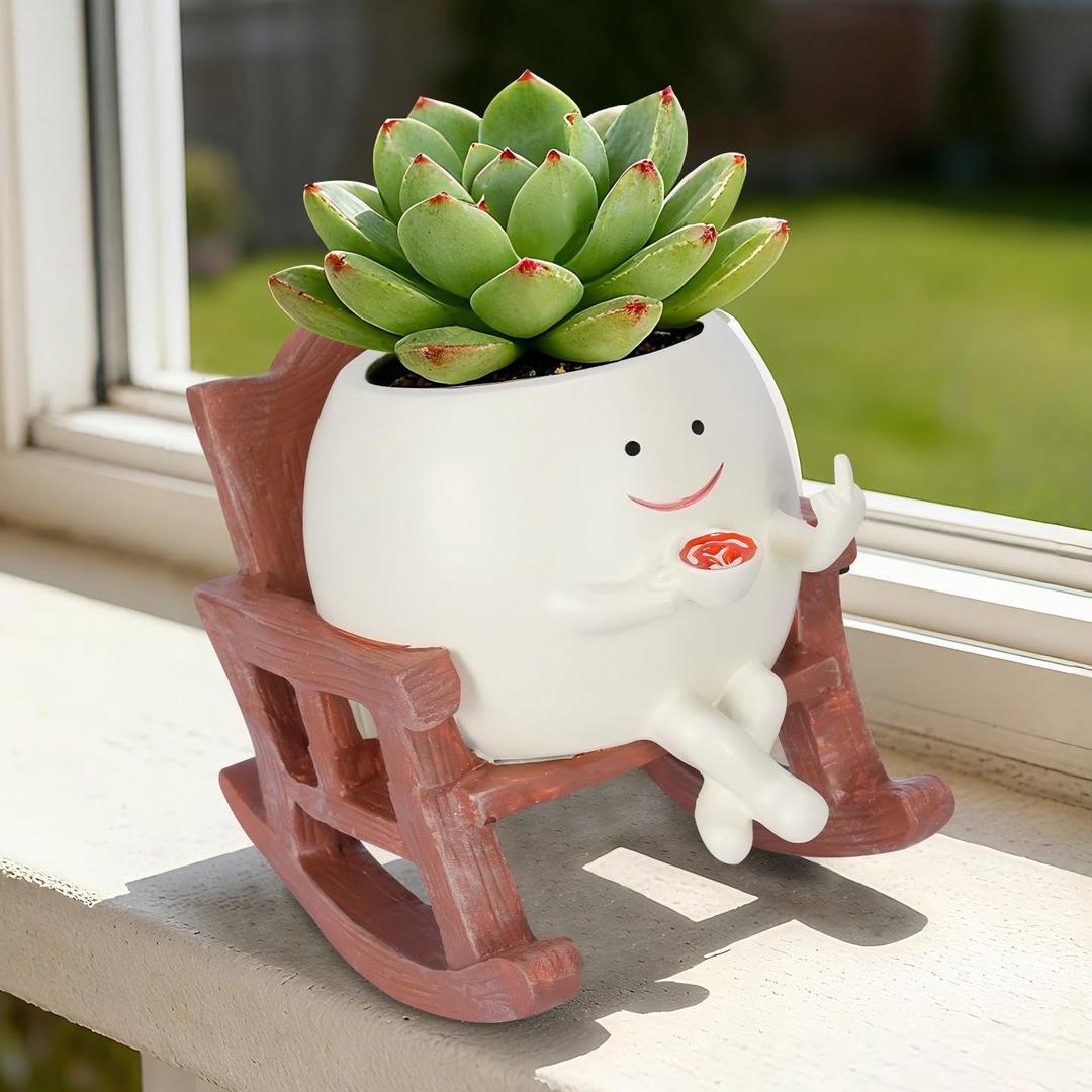 Smiley Face Plant Pots, Cute Resin planters for Indoor Outdoor, Unique Rocking Chair Succulent Pots with Drainage Hole, Gift IdeaI for Family and Friends, Brown