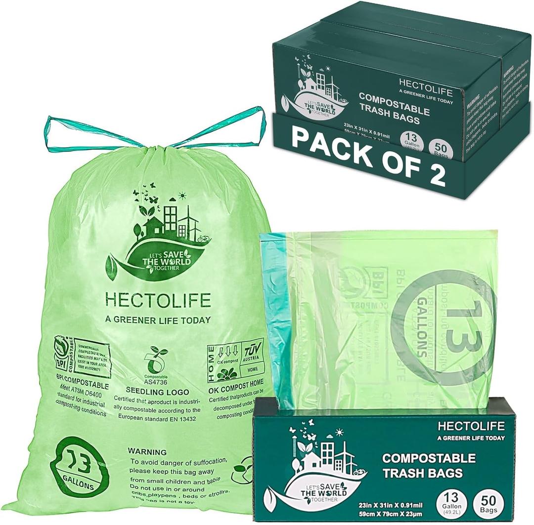 13 Gallon,100 Count, Compostable Trash Bags with Drawstring,Tear Resistant Kitchen Food Scrap Waste Bag, ASTM D6400, US BPI and Europe OK Compost Home Certified (50 Count (Pack of 2))