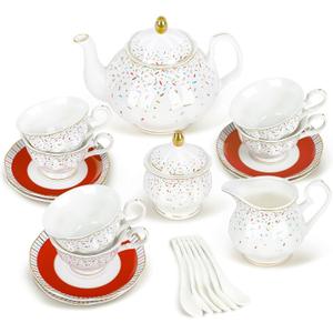 Fanquare 21-Piece Colorful British Porcelain Tea Sets, 6 Cups and Saucers Set for Party, Rainbow Sprinkle Sugar Pattern Coffee Set for Adults, Birthday, Holiday, Celebrations