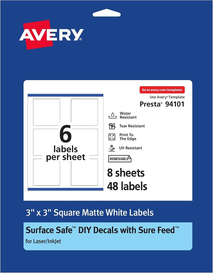 Avery Durable Removable Square Labels, Sure Feed Technology, 3" x 3", Matte White Film, Water-Resistant, Print-to-The-Edge, Laser/Pigment-Based Inkjet Printable, 48 Total