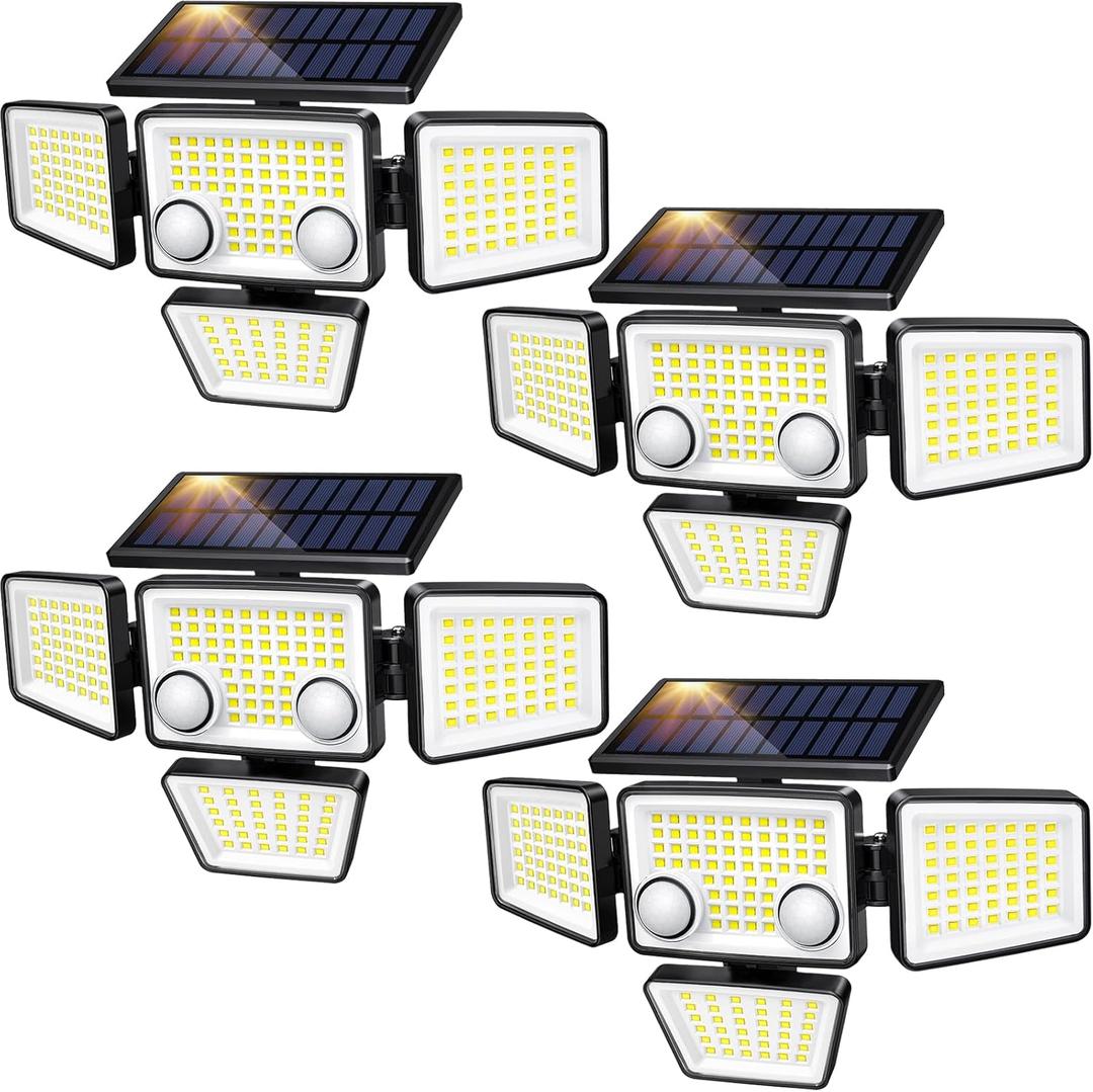 Solar Lights Outdoor - 3000LM 188 LED Motion Sensor Outdoor Lights, 4 Heads IP65 Waterproof Powered Security Flood Lights, 270Wide Lighting Angle Wall Light with Sensors for Backyard (4 Pack)