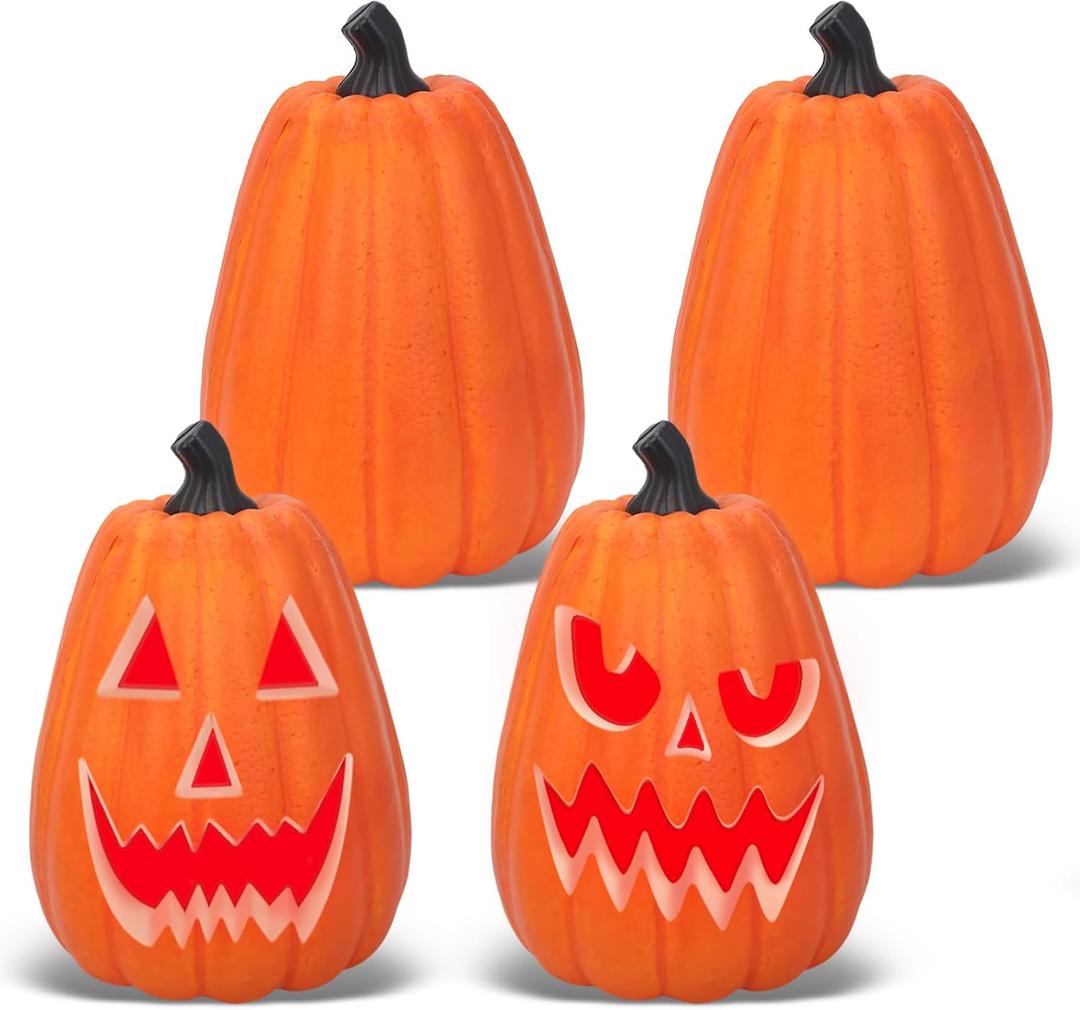 Lanpn 8 Inch Halloween Carvable Pumpkin 4 Pcs, Large Light up LED Artificial Foam Tall Carved Pumpkins Jack O Lantern with Emoji Templates Paints for Fall Autumn Thanksgiving Harvest Indoor Decor
