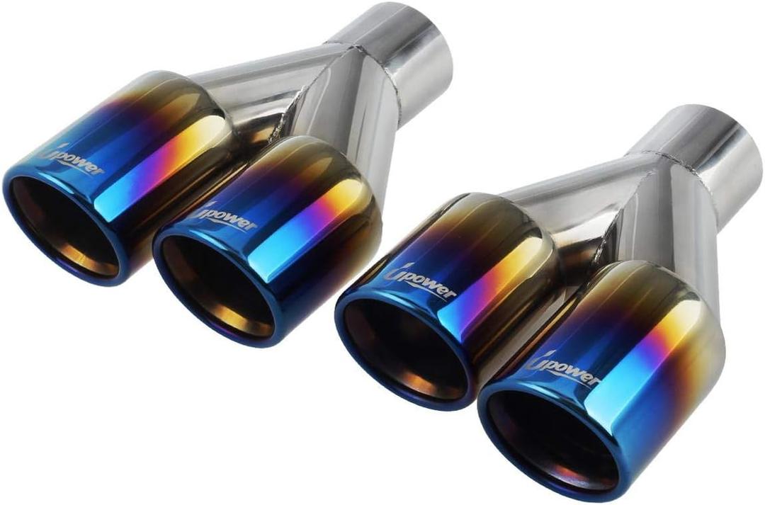 Upower Dual Exhaust Tips 2.25 inch inlet 3 inch outlet 9.2" Long Vacuum Plating Blue 304 Polished Stainless Steel Weld on Staggered Exhaust Tailpipe Tips 2.25" to 3"(Pack of 2)