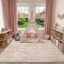 Pink Rug 8x10 for Living Room - Machine Washable Vintage Stain Resistant Large Area Rug for Girls Bedroom Dinning Room - Soft Faux Wool Non Slip Low Pile Carpet for Kids Nursery Room Home Office Décor