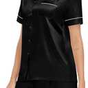 SWOMOG Couples Matching Pajamas Set Satin Short Sleeve Button Down Tops Silk Shorts Pj Lounge Set Soft Sleepwear (Black, M)