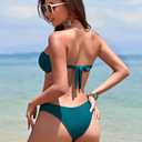 ZAFUL Women's Tie Dye Ribbed O Ring Lace Up Tie Side Bandeau Bikini Set Swimsuit (E-Peacock Blue, S)