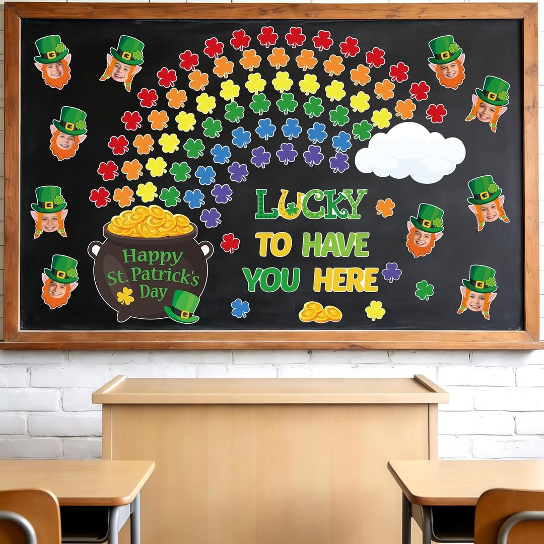 149Pcs St. Patricks Day Bulletin Board Decorations Set, Lucky Shamrock Classroom Door Decorations, Irish Clover Paper Cutouts DIY Photo for Teacher Office Home Wall Decor Party Supply (Green)