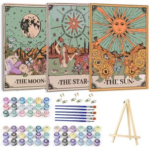 WUDWL Paint by Numbers Kit for Adults Framed Canvas, 3 Pack with Wooden Easel,Paint by Numbers for Kids Ages 8-12, Sun and Moon DIY Acrylic Landscape Oil Painting Arts Crafts, 9.45x11.8inch