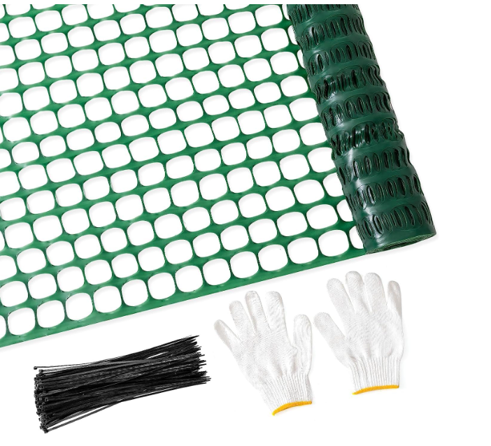 PotatoLife Plastic Mesh Fence Safety Fence, 4'x100' Roll with 100 Zip Ties, Resuable Temporary Netting for Garden Fencing, Construction, Snow Fencing, Animal Barrier, Poultry, Deer, Patio, Green