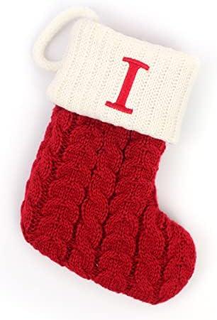 Christmas Stockings with Initials, 7.1 Inches Small Embroidered Letter Knit Red White Christmas Stocking for Family Holiday Decorations and Xmas Tree Fireplace (I)