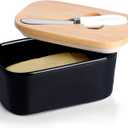 GDCZ Large Ceramic Butter Dish for Countertop Butter Keeper with Silicone Sealing, Natural Wooden Lid and Stainless Steel Knife, Kitchen Decor and Accessories for Kitchen Gifts (Black)