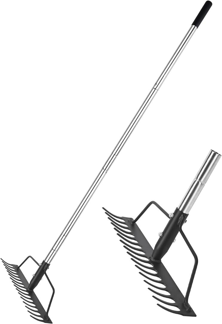 BARAYSTUS 15 Inch Wide Bow Rake, 16 Steel Tines Metal Head Rake Tool with Stainless Steel Handle, Adjustable Long Handle Garden Rake for Loosening Soil Leveling Mulch Gathering Lawns Leaves