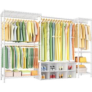 Ulif E10 Clothes RackWith Stretchable Hanger RodFreestanding Clothing Racks for Hanging ClothesAdjustable Closet Organizer SystemPortable Garment Rack 73-97"W x 15" D x 72" HMax Load 800LBSWhite
