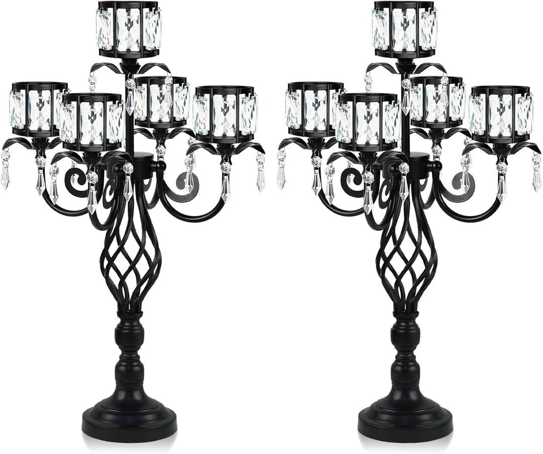23.2 inch Tall Elegant and Chic Black 5 Arm Pendant Crystal Candlestick Holder Table Decoration tealight Candle Holder, Candelabra for Gorgeous Wedding/Parties Table Centerpiece (2, Black)