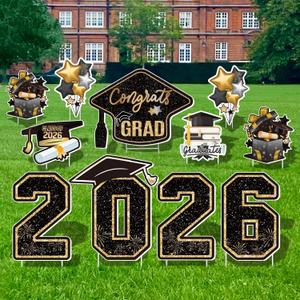 Large 11 PCS Graduation Yard Signs, Class of 2026 Congrats Grad Outdoor Lawn Yard Sign with Stakes, Graduate Yard Decorations for College High School Party, Black and Gold