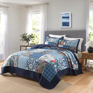 Autumn Dream Cotton Bedspread Quilt Sets Reversible Bedding Coverlet Sets, Luxury Vintage Paisley Floral Patchwork Blue Bedspread, King Size (King (96 by108 Inch))