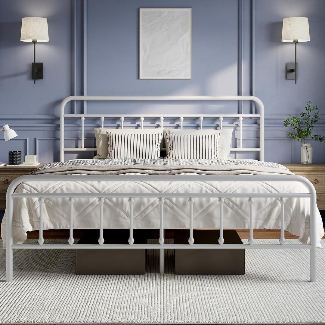 Novilla Metal King Size Bed Frame - Modern Minimalist Victorian Style with Headboard/Footboard, Heavy-Duty Steel Slats/Underbed Storage/No Box Spring Needed/Easy Assembly/Noise Free/White