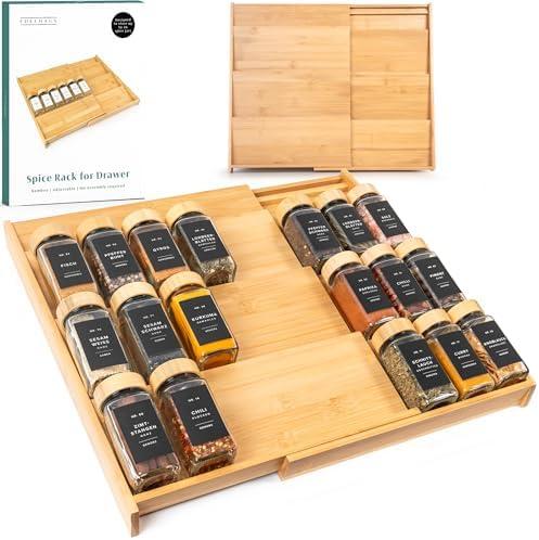 EDELHAUS Bamboo Spice Drawer Organizer - Expandable 4 Tier Spice Rack (Need 3" Deep Drawer) 12" to 24" Wide, Seasoning Organizer, Organization Seasoning Rack insert (Jars Not Included)