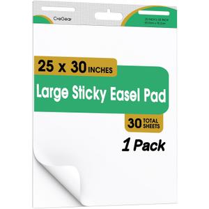 Sticky Easel Pad, 25 x 30 Inches, 1 Pack 30 Sheets/Pad, Large White Sticky Easel Paper for Office and Classrooms, Flip Chart Paper for Teachers