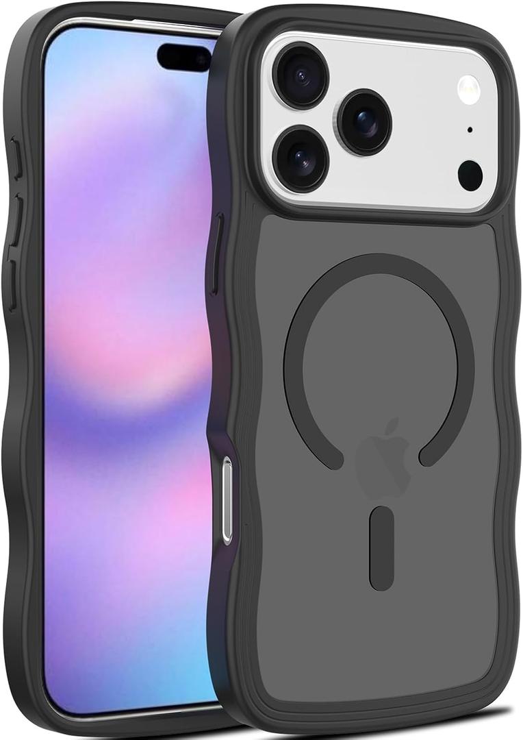 Magnetic for iPhone 17 Pro Case, (Compatible with Magsafe) Curly Wavy Frame Hard Translucent Matte Clear Back Cover for Women Men TPU Bumper Shockproof Phone Case (Black)