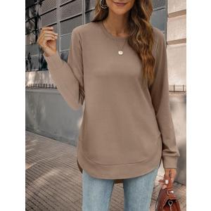 Womens Sweatshirt Crewneck Long Sleeve Shirts High Low Tops Curved Hem (Brown, XXL)