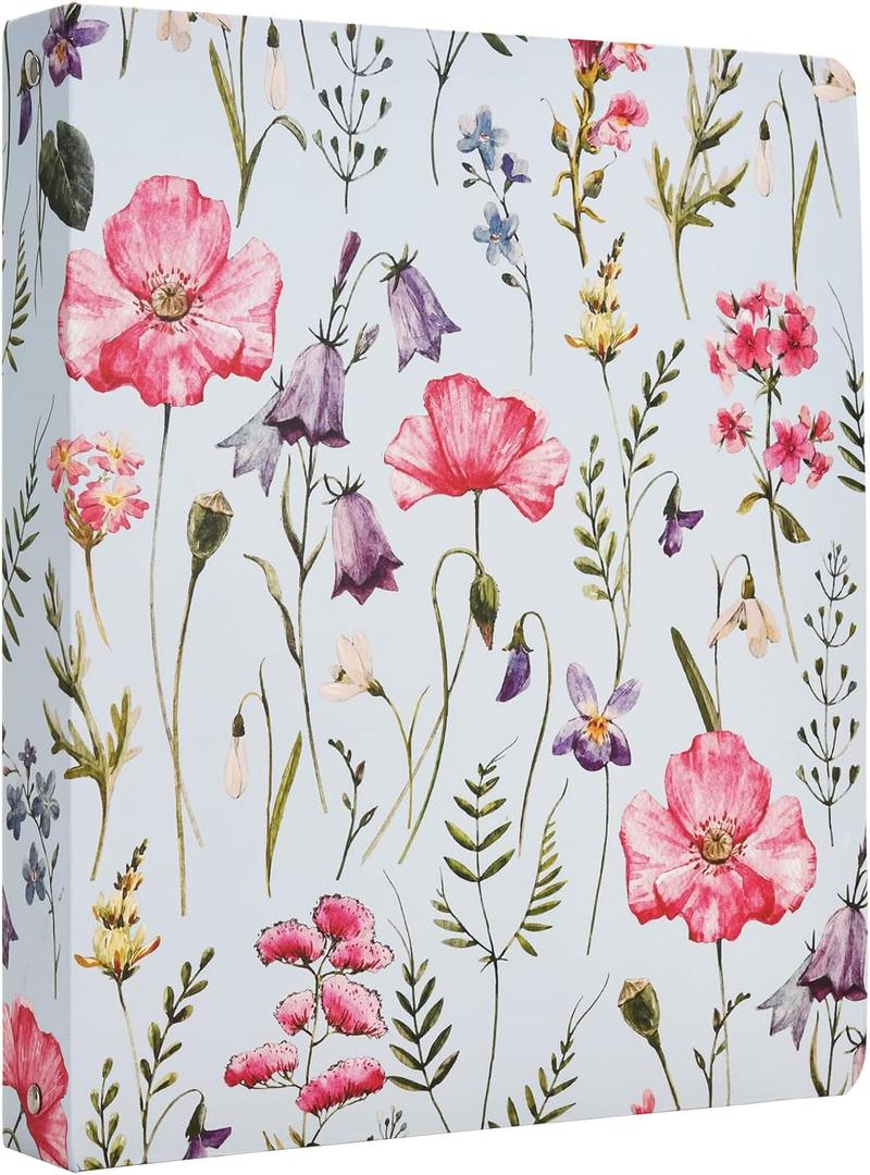 Vintage Retro Flower Plants 3 Ring Binder Hardcover, 1 Inch Round Rings with Interior Pockets Floral Plants School Office Recipe Cards Binder Organizer Handdraw Cornflower