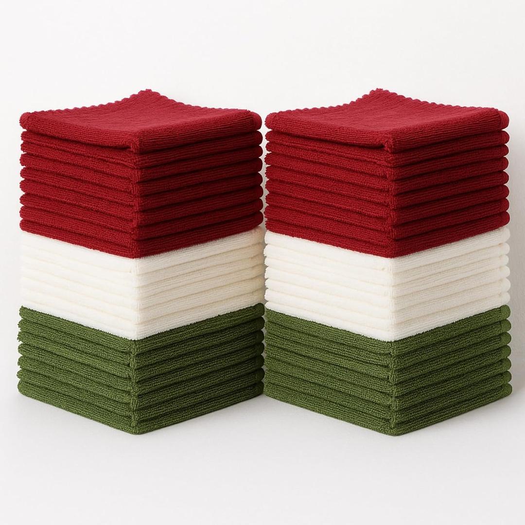 Newwiee 40 Pcs Wash Cloth Bulk Cotton Bath Hand Face Washcloths Soft Quick Drying Towel for Women Bathroom Washing Body Viscose Fiber Multipurpose Fingertip Rags (13 x 13 Inch,Green, Red, White)