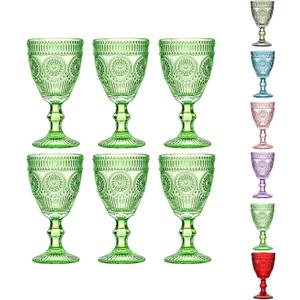Black Vintage Wine Glasses Set of 6, 10 Ounces Colored Glass Water Goblets, Unique Floral Embossed Pattern High Clear Stemmed Glassware Wedding Party Bar Drinking Cups Fancy Glasses Hand Wash Only (Pink)