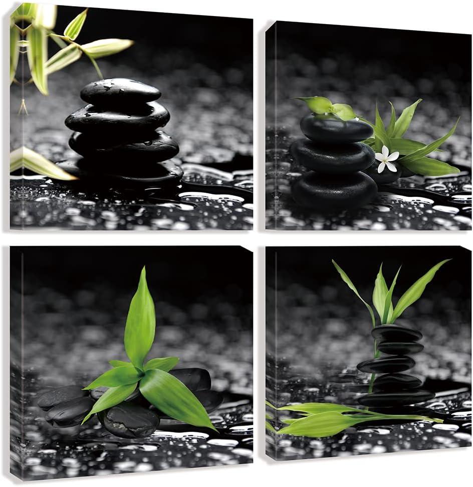 Bathroom Zen Wall Art Black and White Stone Green Plant Pictures Still Life Canvas Artwork Meditation Painting for Home Living Room Wall Decor 20"x20"x4 Pieces