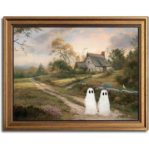 Gold Framed Vintage Halloween Wall Art, Rustic Landscape Wall Decor, Cute Ghost Decor Wall Art, Aesthetic Halloween Wall Decor (9.5''x12'')