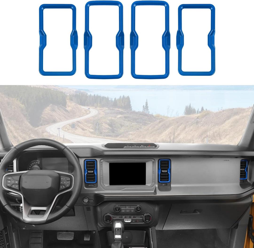 RAZPOY for Bronco Air Conditioning Outlet Vent Trim, 4PCS Center Console Dash AC Vent Ring Cover Compatible with 2021-2024 Ford Bronco Interior Accessories, Blue